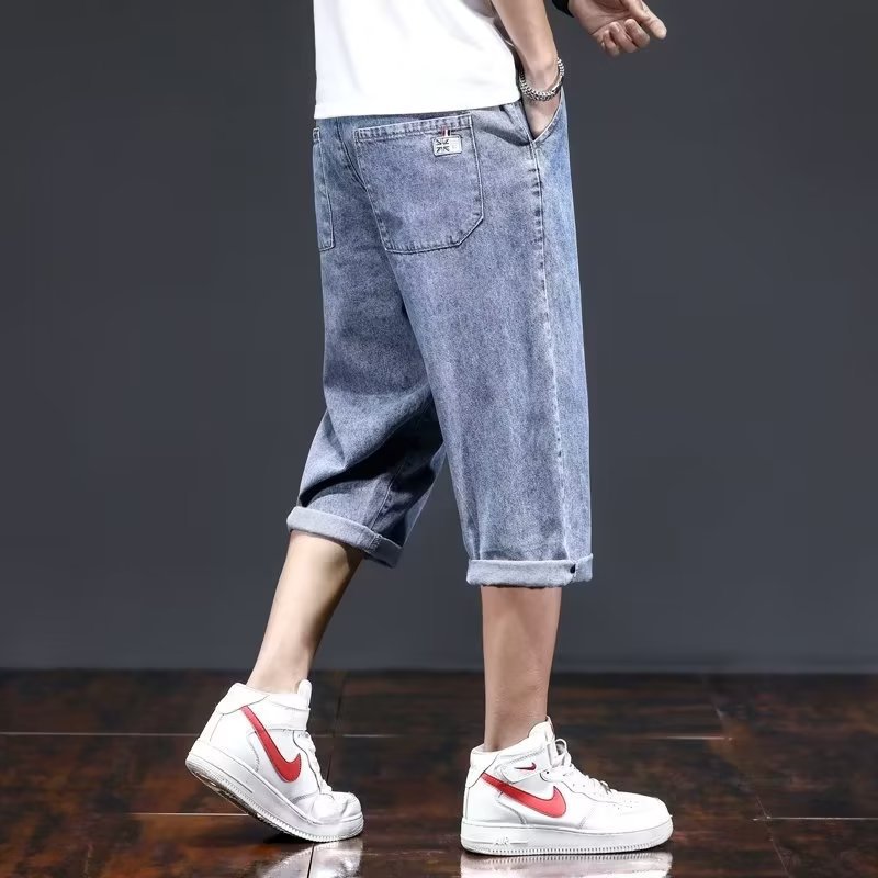 Nueva tendencia de mezclilla de verano para hombres, pantalones cortos de talla grande y rectos sueltos, marca de moda para hombres, pantalones medios de 7 puntos, estilo fino de verano