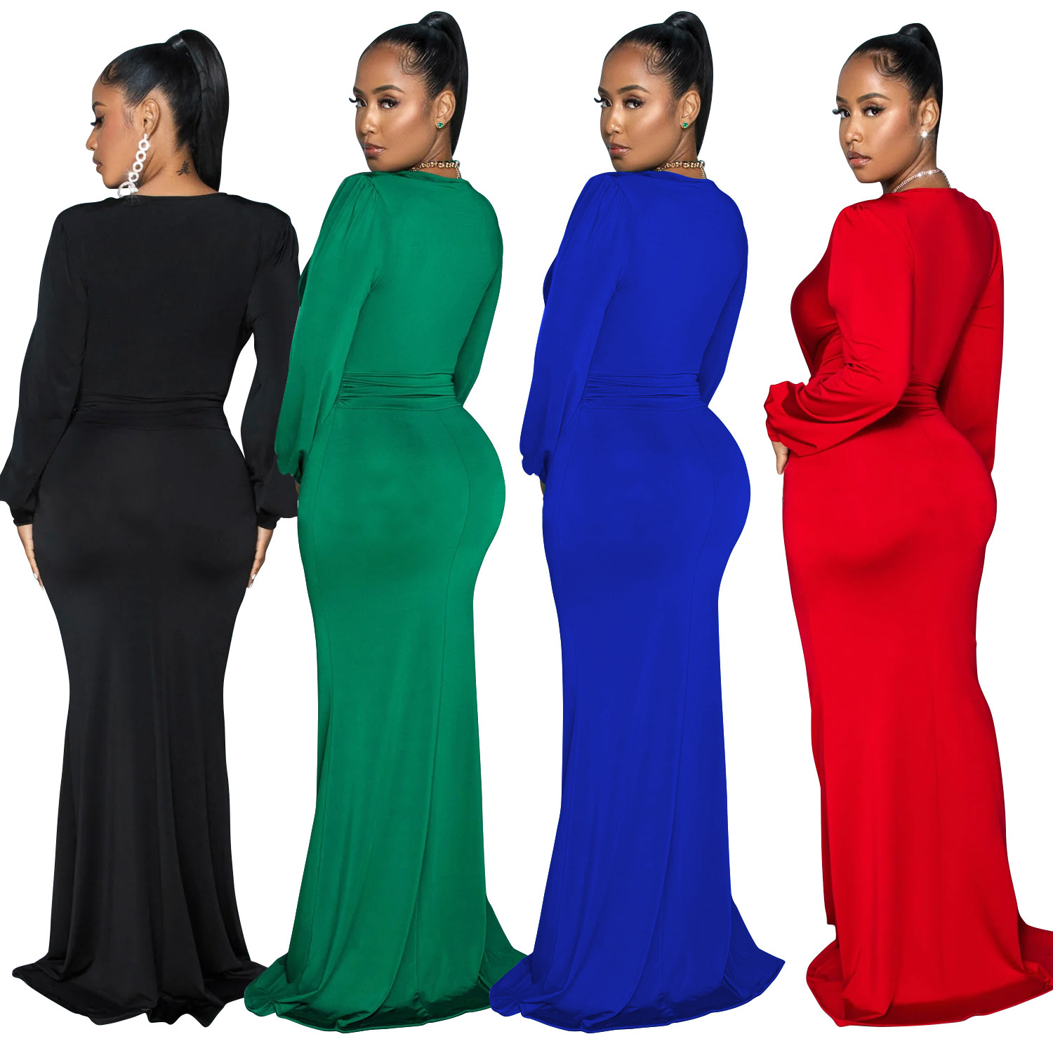 C6796 transfronteriza AliExpress Amazon europeo y americano de las mujeres de color sólido sexy profundo V vestido plisado vestido de las mujeres image 5