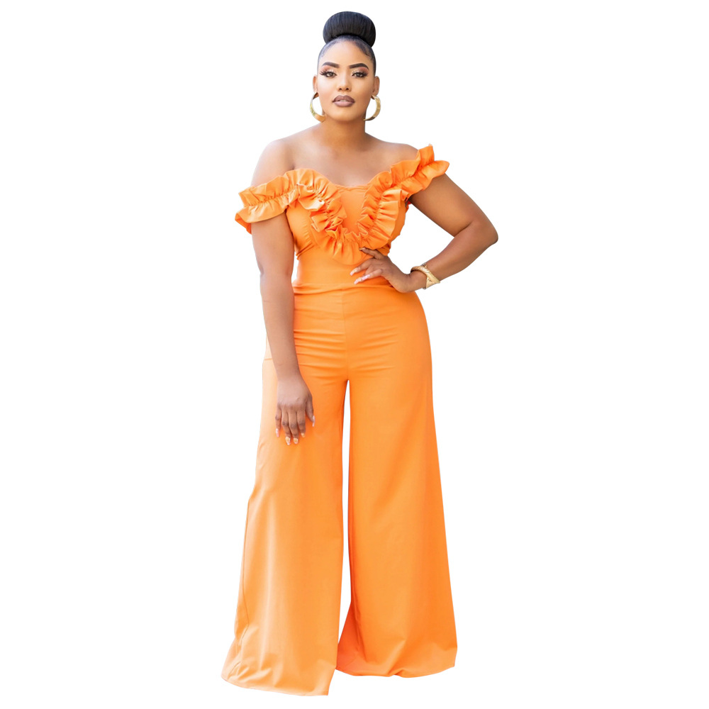 Elegant Women's One Shoulder Ruffled Slim Fit Jumpsuit Solid Colour_voghion.com