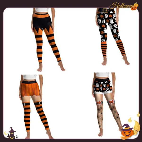 2025 New Halloween Women's Leggings with Striped Ghost and Pumpkin Patterns, Cosplay Costume, Fashionable Tight Pants