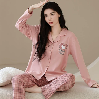 睡衣女士秋季纯棉长袖长裤开衫家居服可爱卡通青年舒适宽松套装