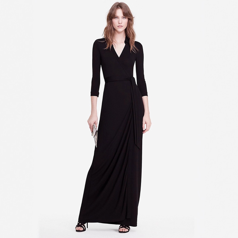 One-Piece Long Black Three-Quarter Sleeve Collared Dress, Hepburn Style V-Neck, Elegant and Slim-Fitting Wrap Dress One-Piece Long Black Three-Quarter Sleeve Collared Dress, Hepburn Style V-Neck, Elegant and Slim-Fitting Wrap Dress