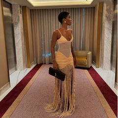 2025 Spring/Summer Cross-Border European & American Style Strappy Mesh Midriff-Exposing Sexy Pleated Bodycon Dress with Tassel Trim LX0110