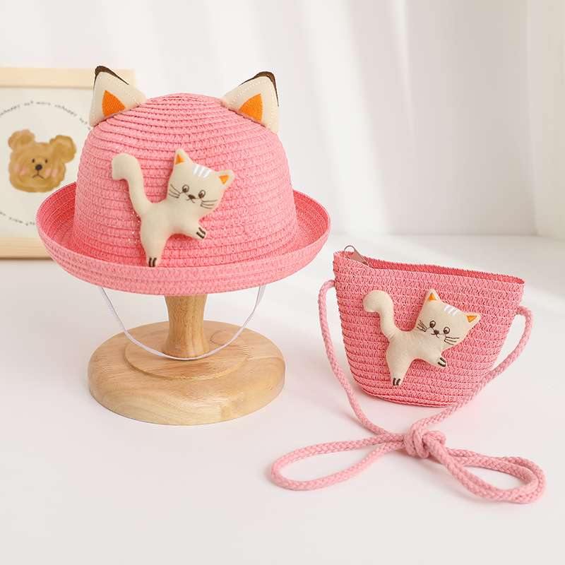Lucky Cat Curly Straw Hat-Peach Blossom Color