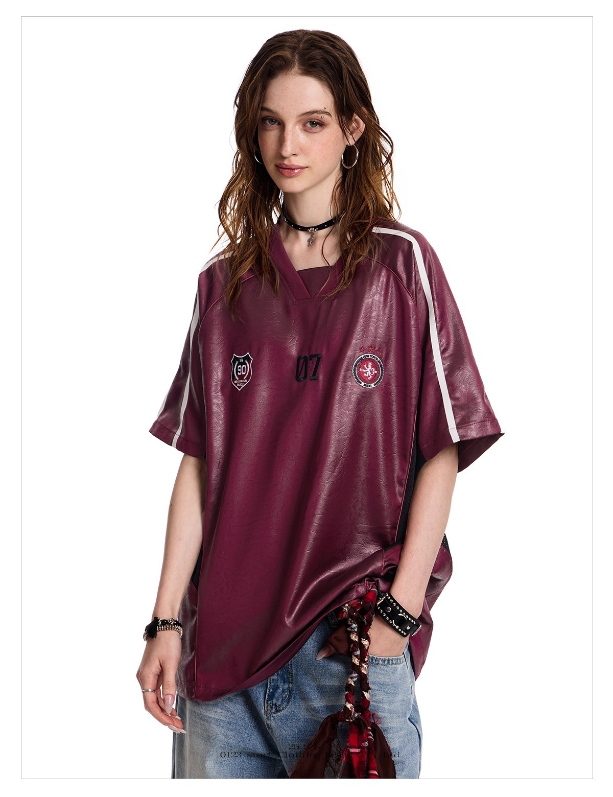 American-style Sports Short-sleeve T-shirt For Men Women, Loose And Breathable, Summer PU Leather Patchwork Hip-hop_viptrois.com
