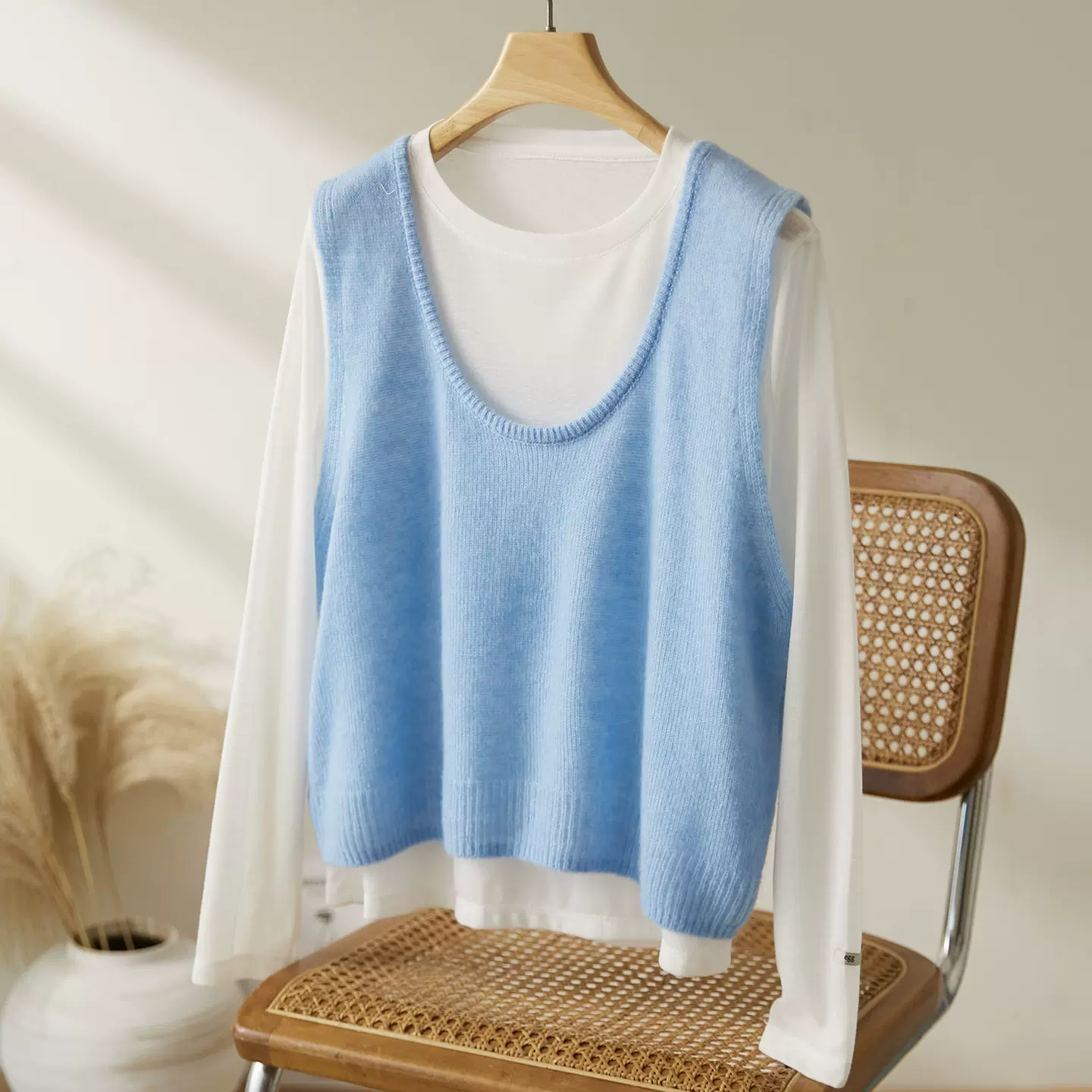 棉茧 时尚套装女2025秋冬装新款圆领无袖毛衣针织衫打底衫两件套