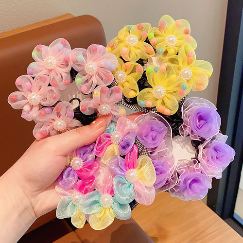 Children's Cute Pearl Flower Headband Hair Net Girls' Dance Grade Examination Special Bun Maker Hair Ring Hairnet