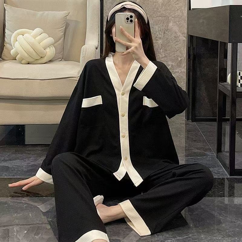 2026睡衣女春秋季网红ins风开衫长袖长裤华夫格加厚家居服套装