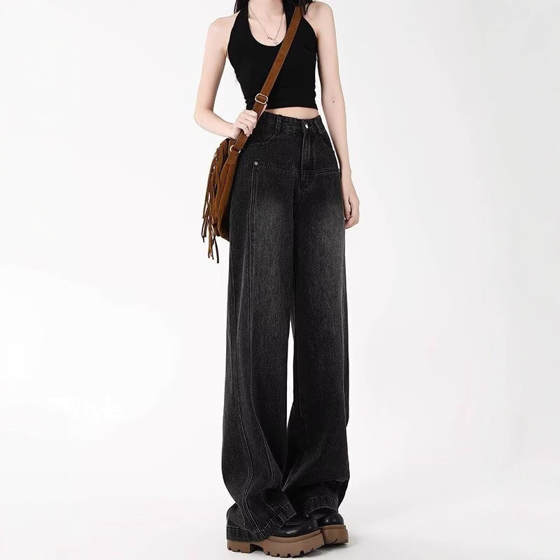Black Wide-Leg Jeans for Women in Autumn and Winter New Large Size Pear-Shaped Figure High-Waisted Loose Slimming Straight Long Pants