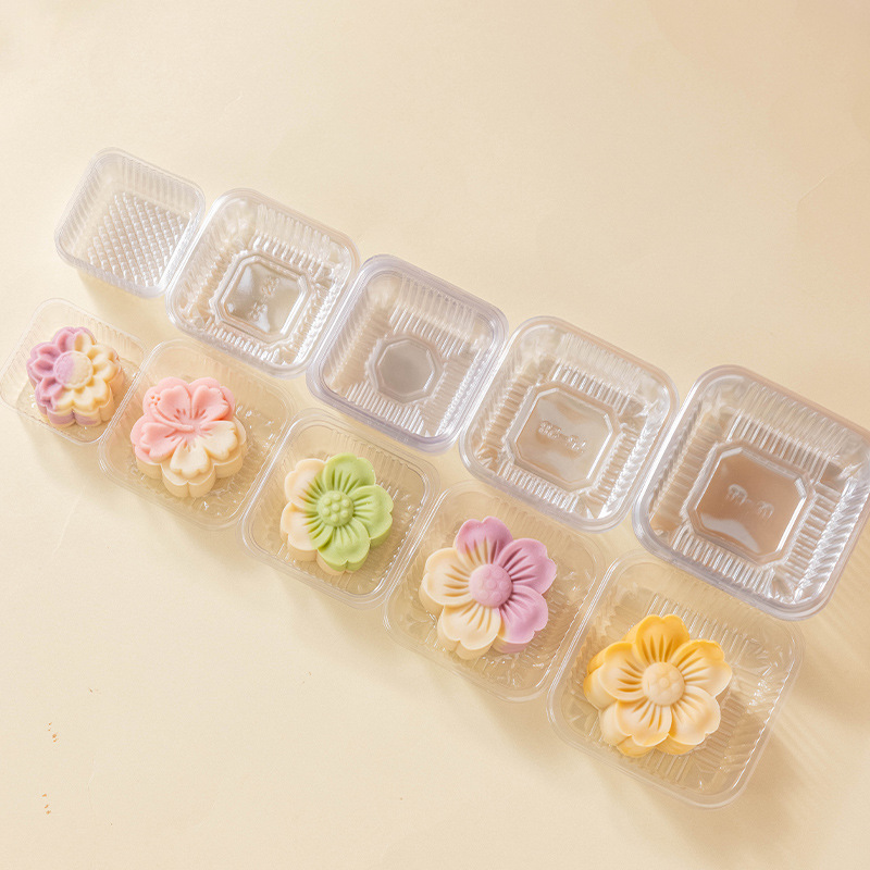 2025 soporte inferior de pastel de luna soporte de plástico transparente redondo paquete de embalaje de dim sum de grupo verde bolsa de pastel de luna soporte interior 100 piezas