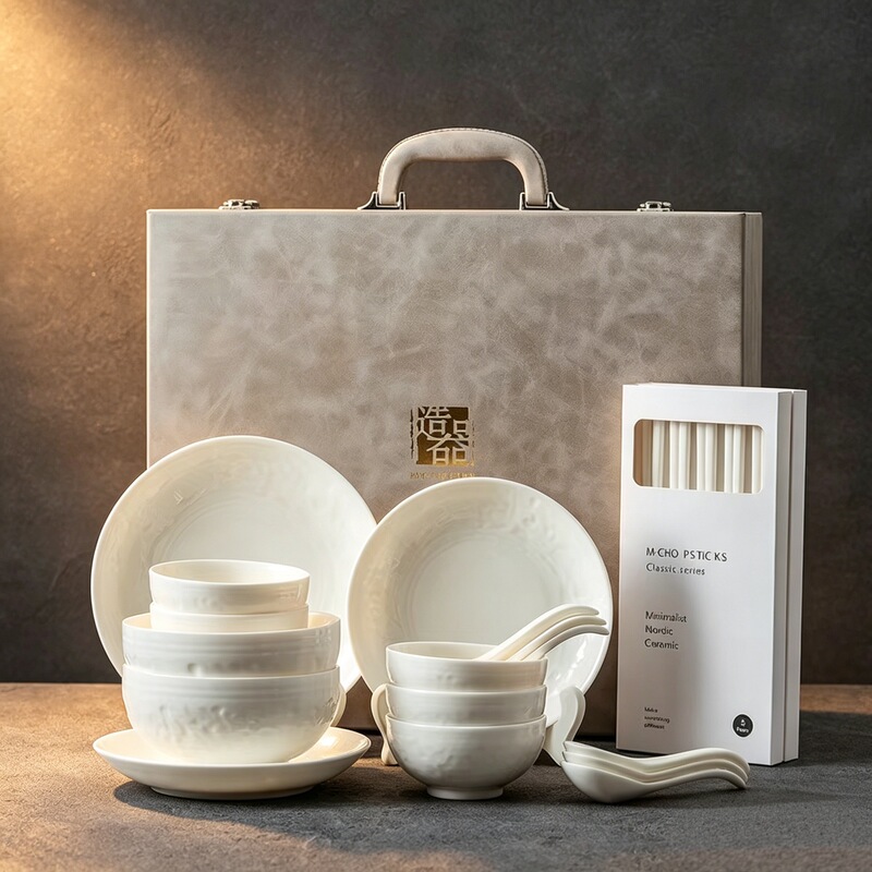Dehua Jade Porcelain 2026 New Model Light Luxury Exquisite Housewarming Plate Set Gift Box Wholesale Lotus Design Dehua Jade Porcelain 2026 New Model Light Luxury Exquisite Housewarming Plate Set Gift Box Wholesale Lotus Design