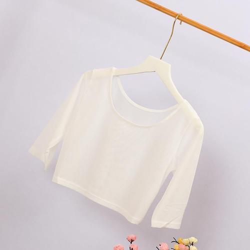 Sheer mesh base shirt, half-length gauze dress for summer—stylish, form-fitting, mid-sleeve, short-length top for layering.