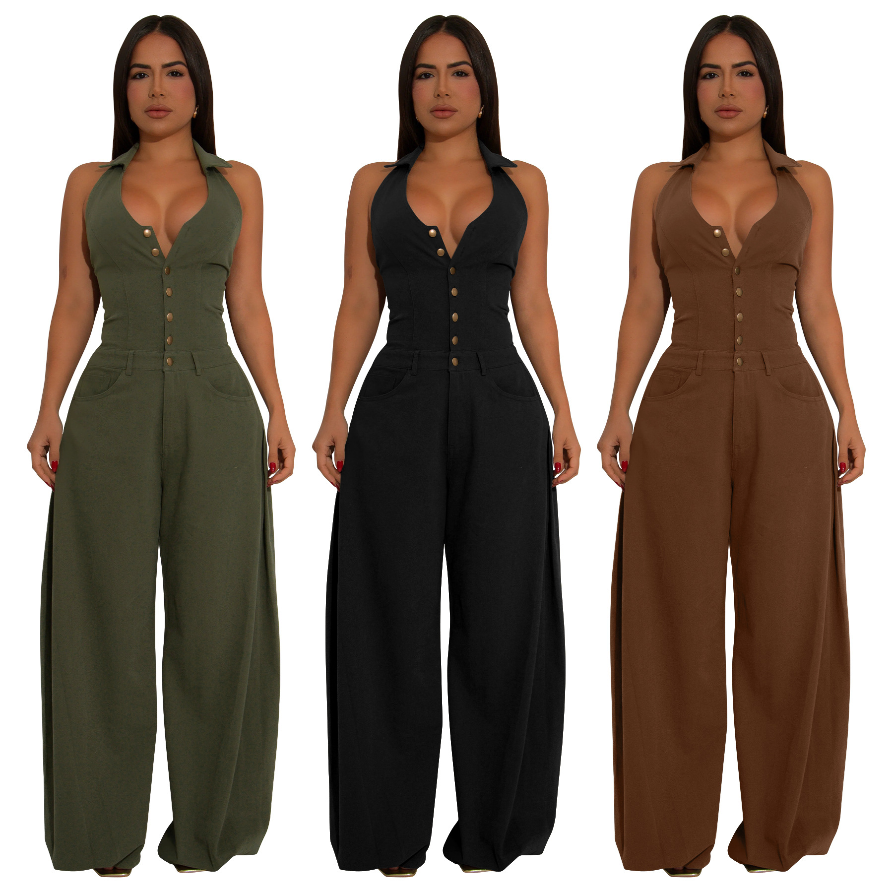 10884 Cross-Border Exclusive Amazon Russia Europe Fashion Women's Pocket Sleeveless Backless Casual Jumpsuit