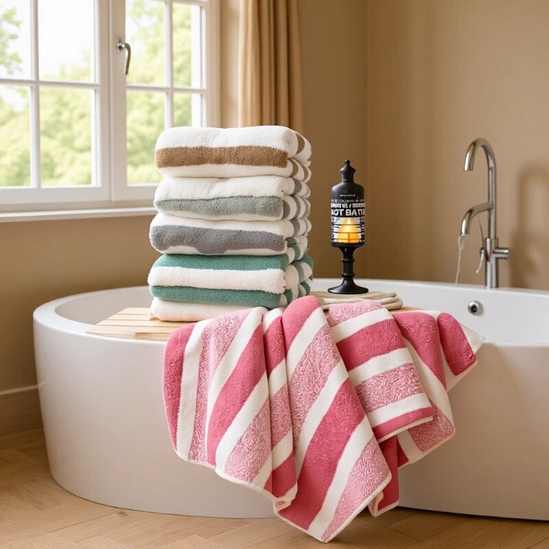 Cross-Border E-Commerce Supply Coral Fleece Bath Towel, Ultra-Soft, Absorbent, Non-Shedding, Striped Beach Towel for Adult Home Use, Skin-Friendly