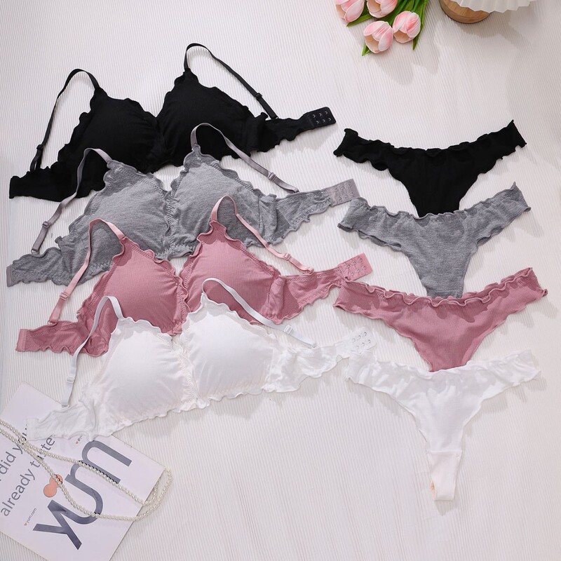 Cross-Border Cute Ribbed Cotton Ruffled Edge Girl's Underwear Set Without Underwire, Thin Triangle Cup Bra and Comfortable Thong