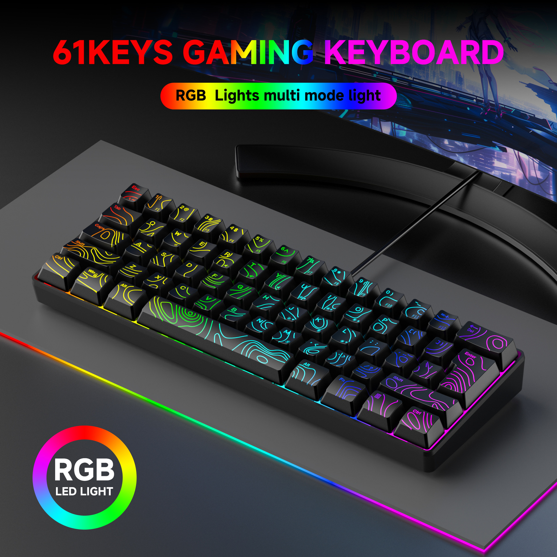 61 tuşlu RGB oyun kablolu klavye ve fare seti renkli MINI mekanik olmayan film siyah beyaz bilgisayar klavyesi