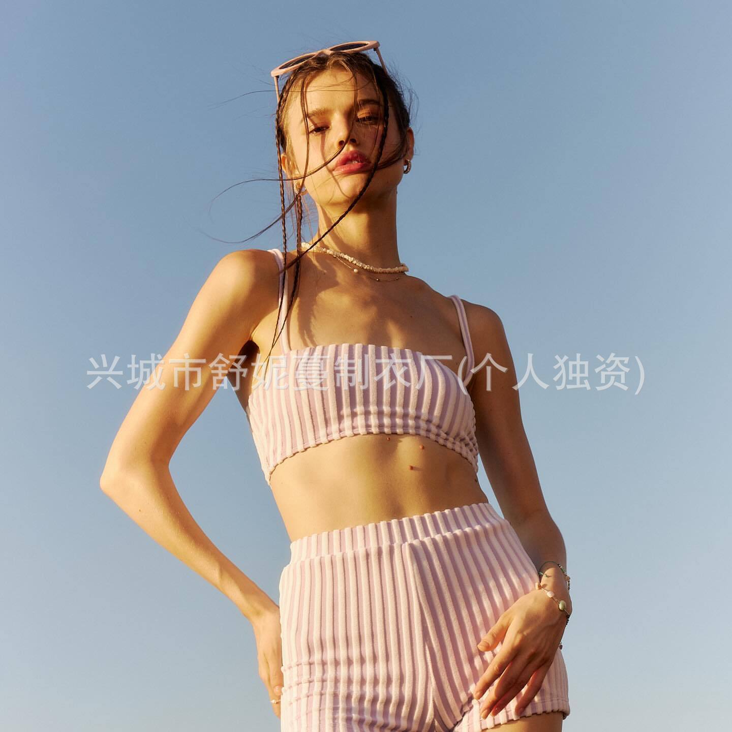 Traje de baño femenino de alta gama bikini dividido rayas puro deseo de cintura alta bóxer bañador de aguas termales traje de baño de mujer