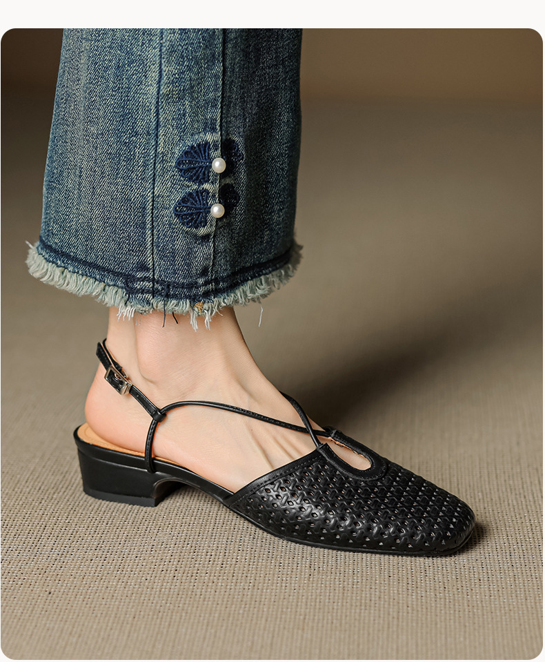 Sandal nữ Mary Jane quai chéo hở gót, gót thô 3 cm, mũi tròn bít — đen chi tiết 16