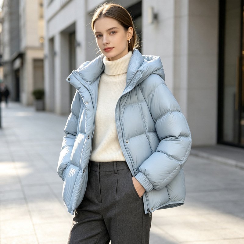 Yifei winter 90% duck down hooded short down jacket for women, high fill power, warm, checkered quilted, multi-color, versatile outerwear