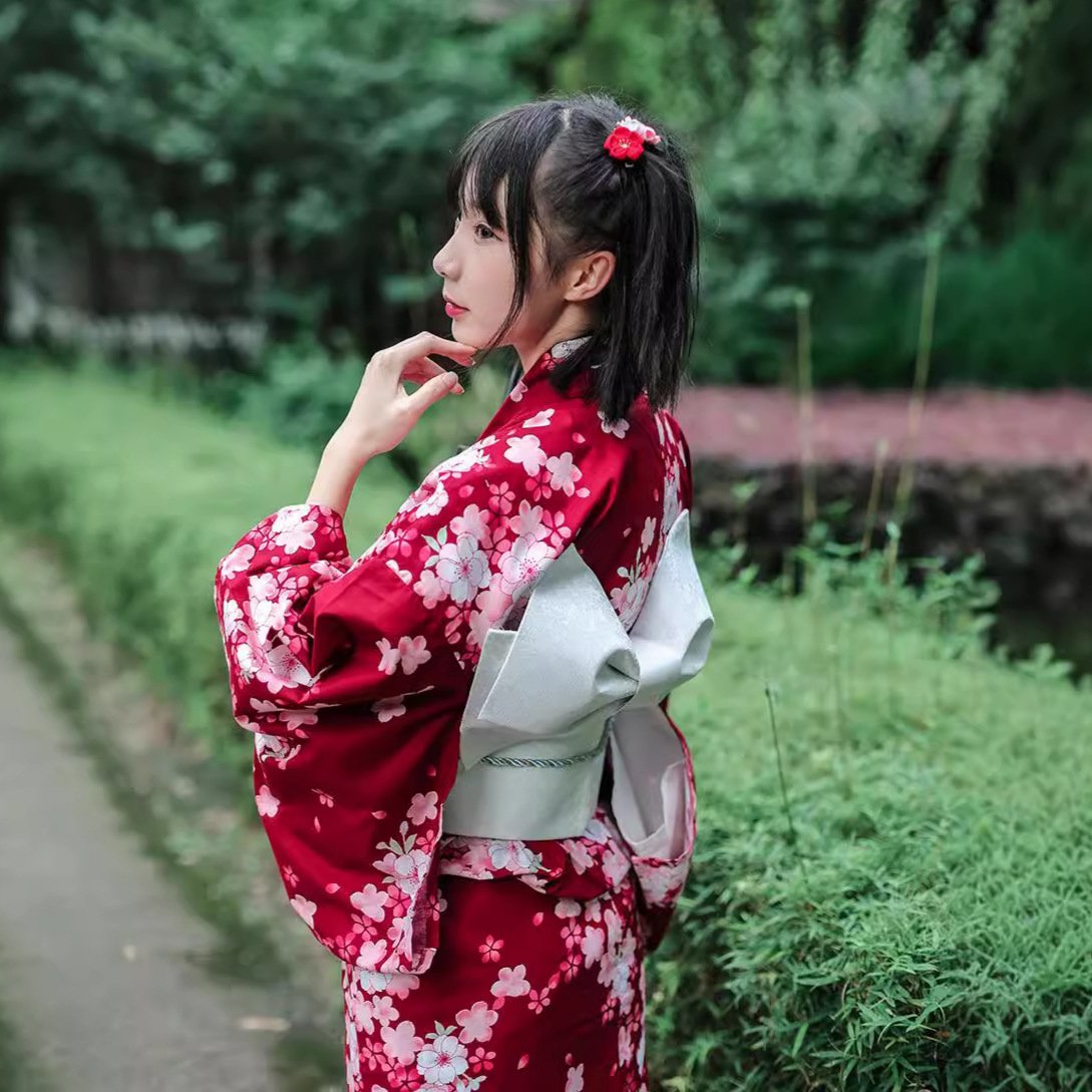 Japanese kimono yukata, red cherry blossom kimono set, women's kimono, wrinkle-free, colorfast polyester material.