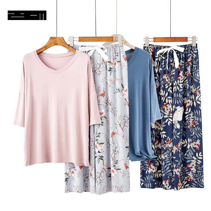 Cross-border Spring and Summer Women's Modal Pajamas Loose and Comfortable Home Wear Cotton Silk Cropped Pants plus size mm suit Outer Wearing