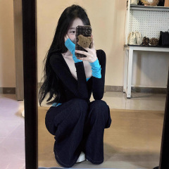 美式辣妹别致假两件长袖t恤女早秋季撞色打底衫内搭韩系修身上衣1