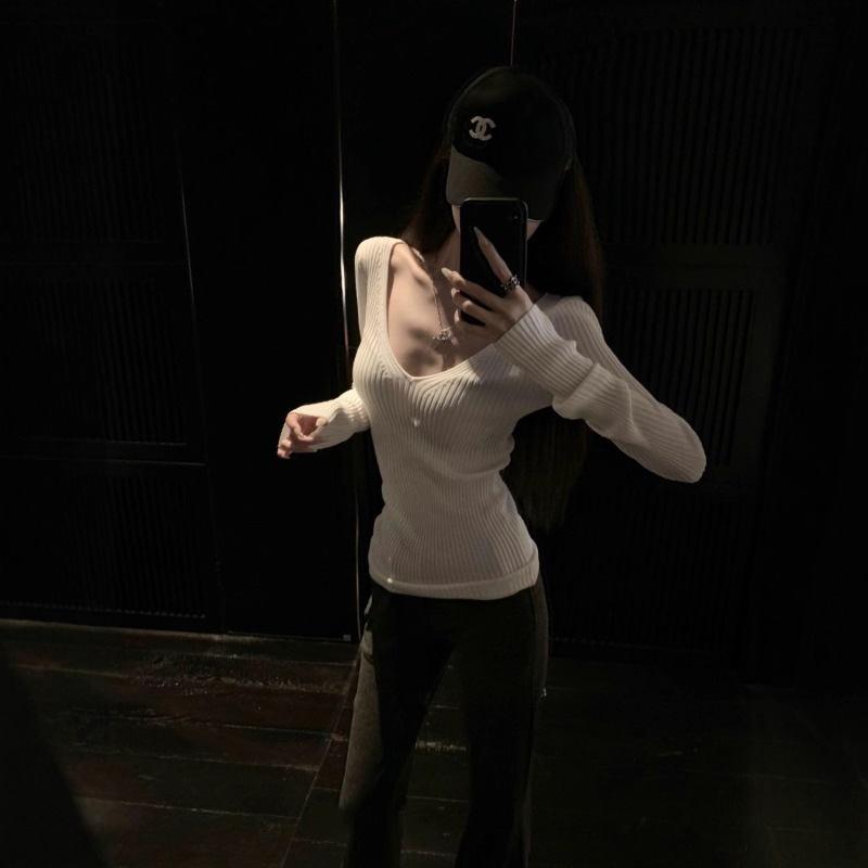 韩系chic风纯欲辣妹修身显瘦小众V领针织衫女秋新款休闲百搭上衣|undefined