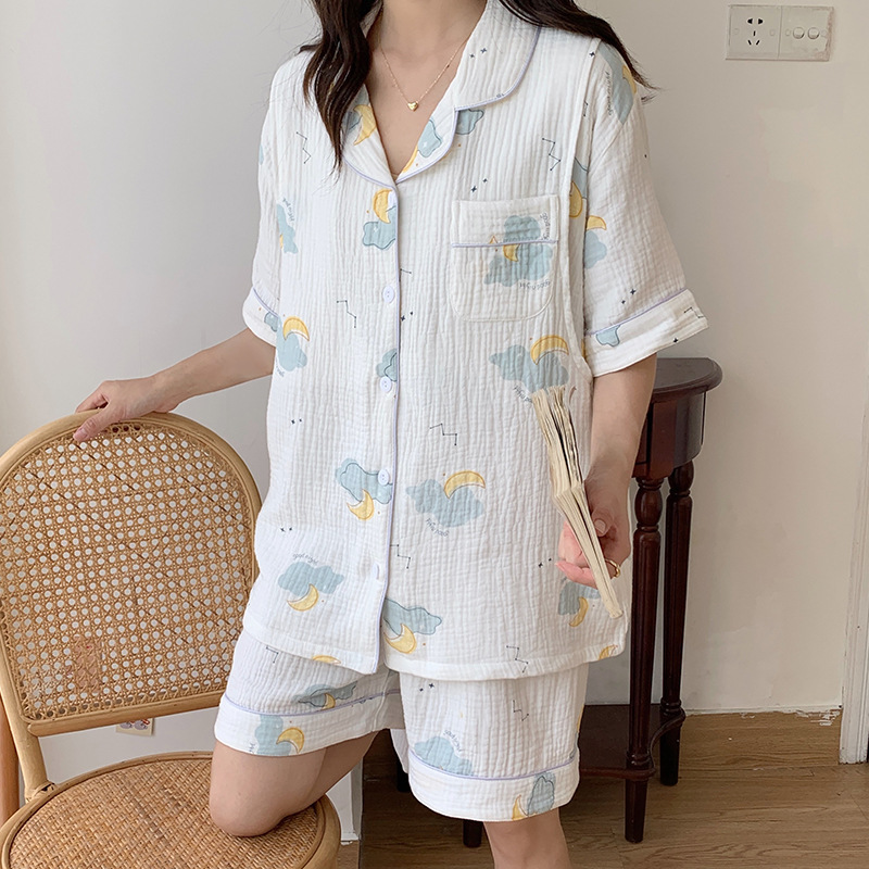 Pure Cotton Summer Short-Sleeved Crepe Gauze Confinement Clothes Double-Layer Maternity Pajamas Nursing Set Postpartum Cotton Home Clothes