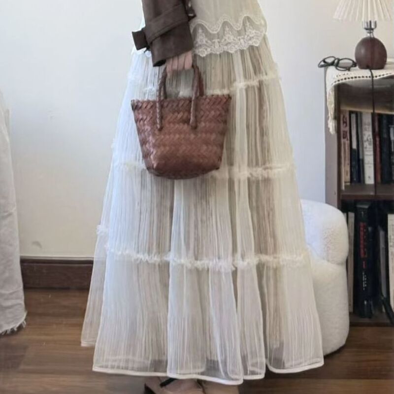 秋冬新款高个子半身裙网纱拼接金砖绒百褶裙女气质长款半裙|undefined