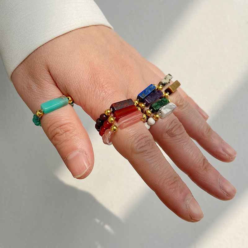 Ethnic Style Round natural stone Beaded Rings 1 Piece