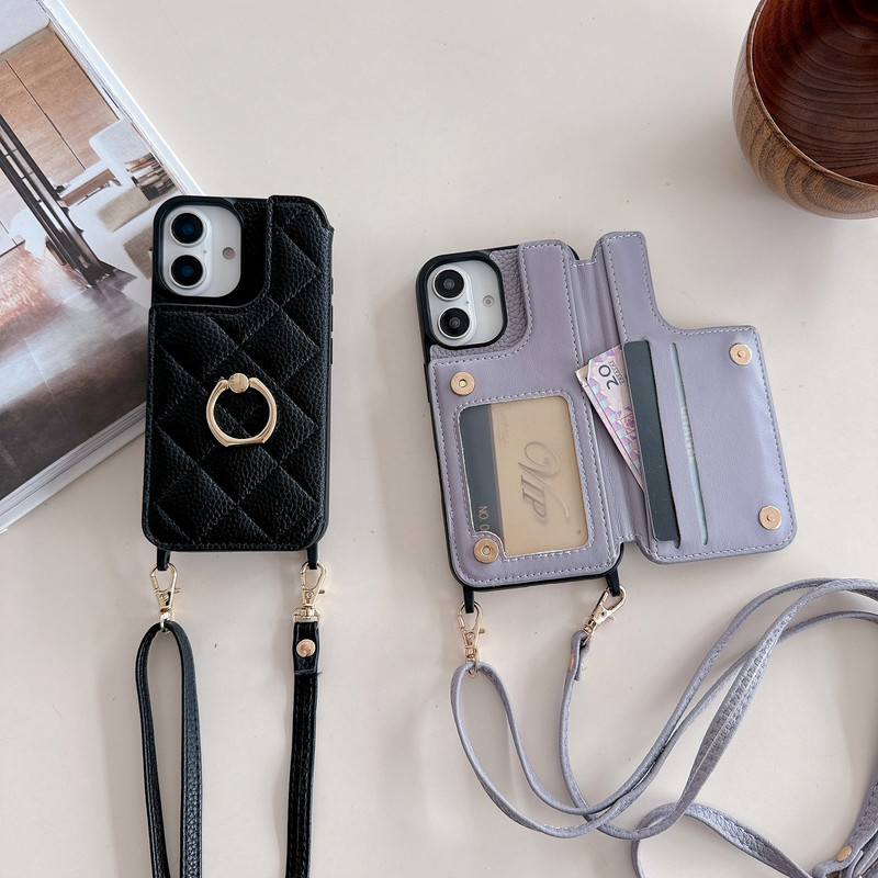 Suitable for Iphone15 Mobile Phone Case, Apple 16 Leather Case, 14Pro Quilted 12Max Protective Case, 11 Crossbody Wallet Ring