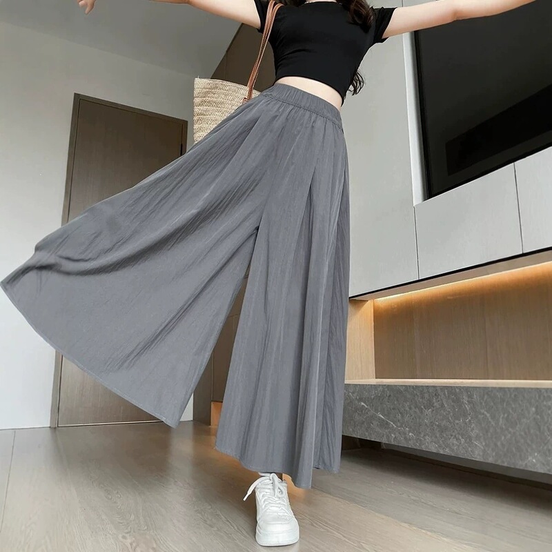 Gray Yamamoto skirt-pants for women, summer thin style, 2026 new model, high-waisted, drapey half-skirt, petite ice silk wide-leg pants