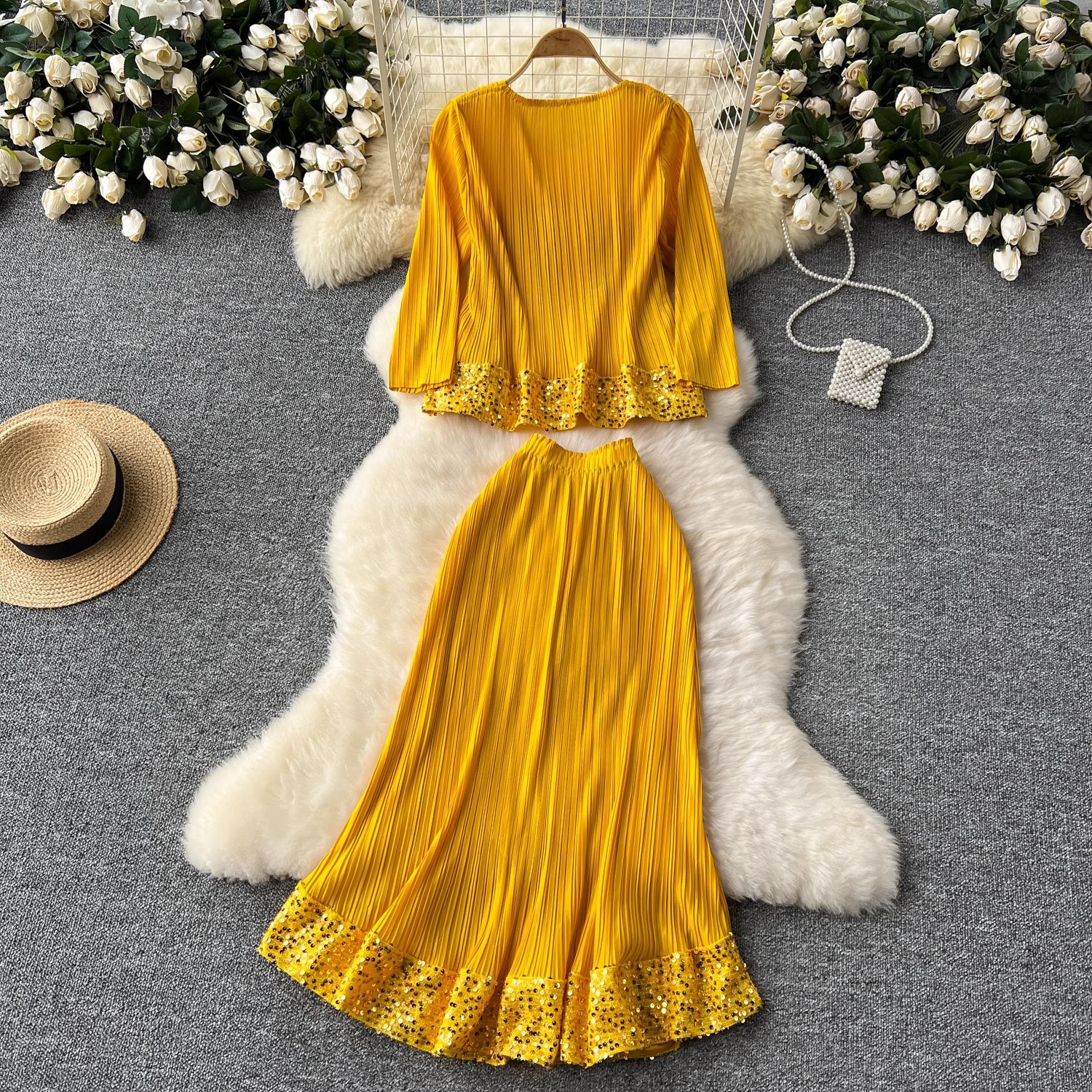 Women's high end stylish round neck three quarter sleeve sequin embroidered pleated top + high waist drape skirt suit_voghion.com