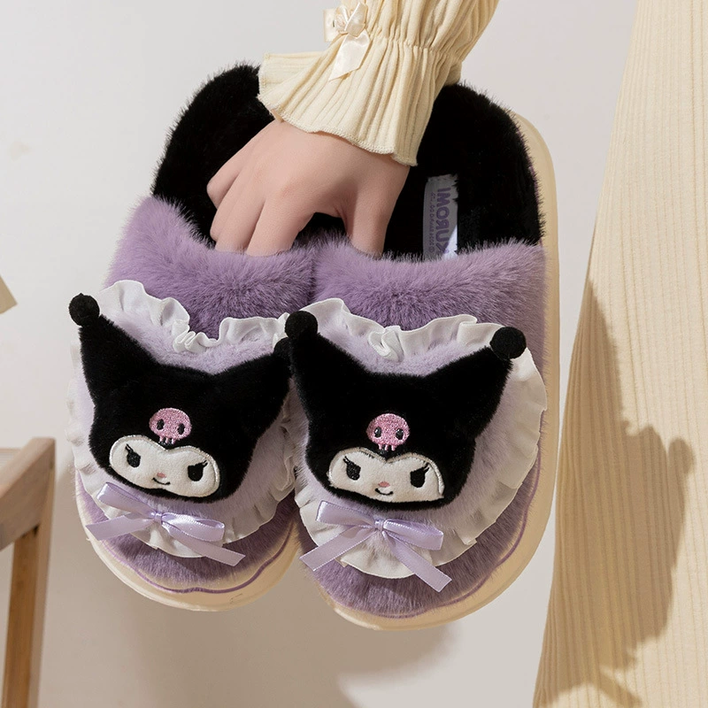 Мультяшные хлопчатобумажные туфли Kulomi Sanrio подлинные хлопчатобумажные тапочки зимняя женская комната плюс плюшевые меховые туфли для домашнего использования