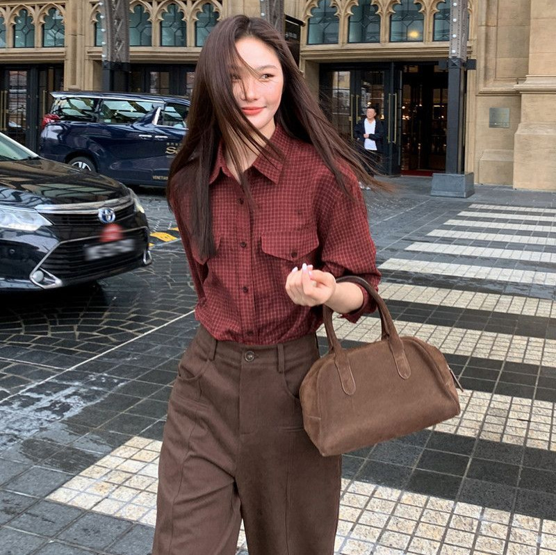 Korean Retro Plaid Long-Sleeved Shirt for Women Spring & Fall New Design Niche Loose Casual Versatile Work Clothing Top