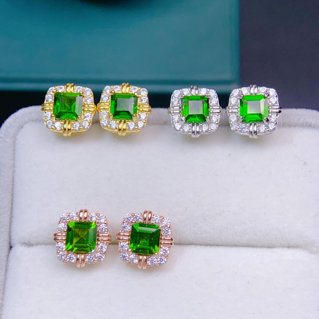 Natural diopside earrings, set in 925 silver, plated with white gold. Main stone size 5*5mm