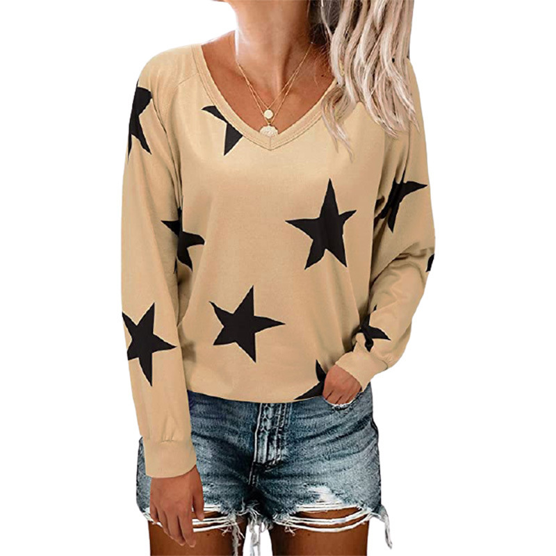 Camiseta de manga larga con cuello en V con estampado de estrellas para mujer, ropa de nihaostyles al por mayor NSLZ77513