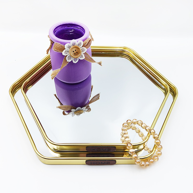 Bandeja de espejo Caja de almacenamiento de cosméticos Caja de almacenamiento de bandeja hexagonal de joyería Bandeja de almacenamiento de espejo de escritorio ins