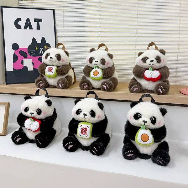 Cute realistic panda plush toy, panda holding a fortune, avocado, apple, mushroom, Chengdu souvenir gift