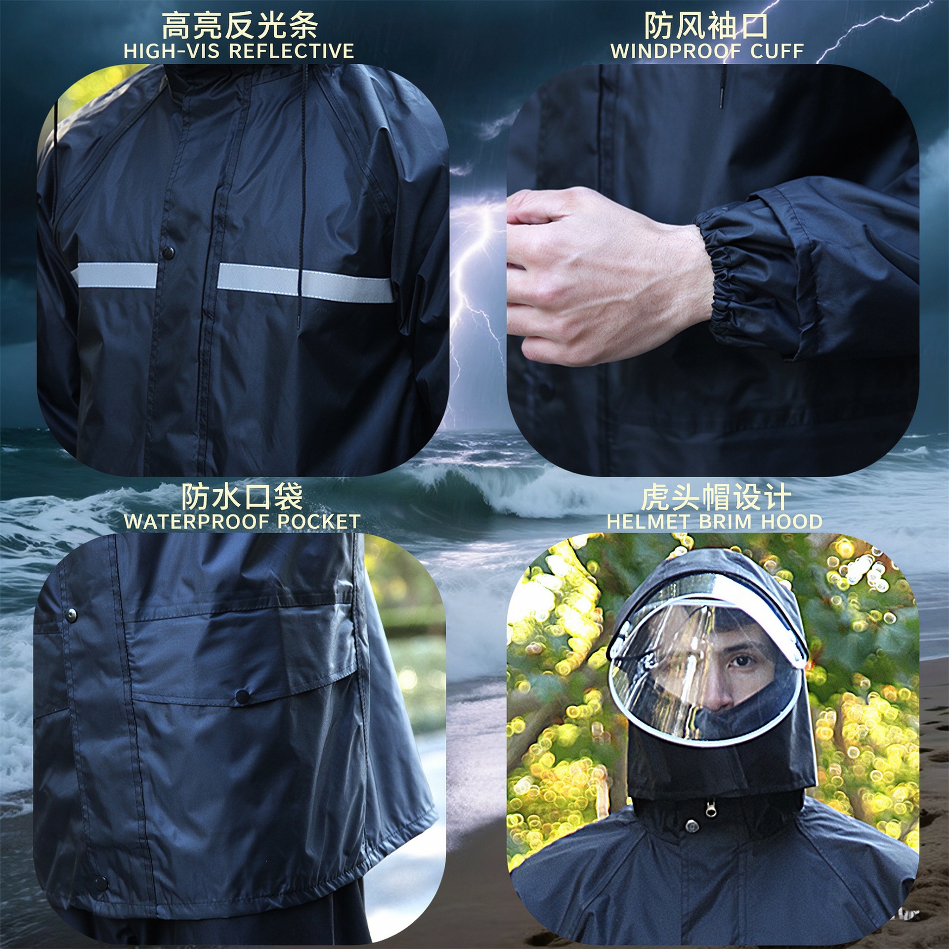 跨境雨衣套装户外 通勤工地市政骑行分体式雨衣 Raincoat-Black
