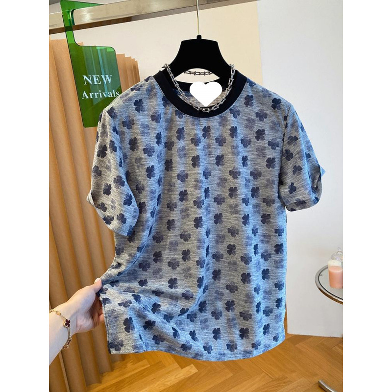 フラワーグレー Tシャツレディース半袖 2025 夏新作ゆったりシックでユニークな四つ葉のクローバープリントボトムシャツトップ|undefined