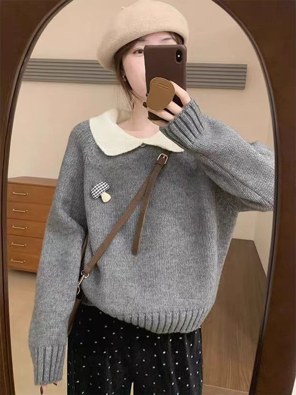 甜美可爱淑女风小翻领毛衣冬季新款韩版百搭休闲显瘦针织衫|undefined