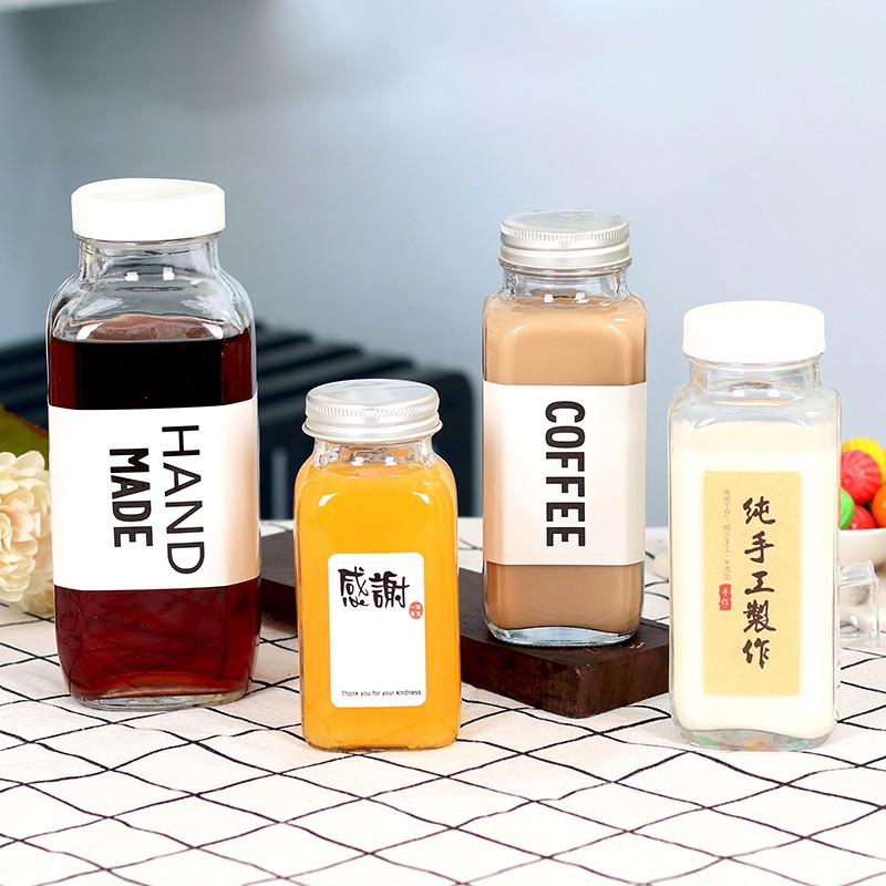 厂家玻璃瓶250ml方形铝盖饮料瓶350ml八角奶茶咖啡瓶500毫升白酒