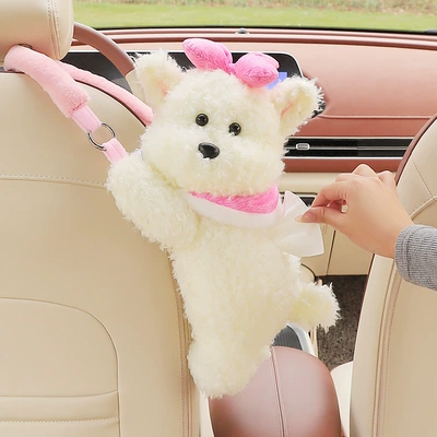 Car tissue box cartoon car seat hanging tissue pumping car seat back plush pumping paper hanging bag car interior decoration (Car tissue box/set) - scarf-style-west-highland