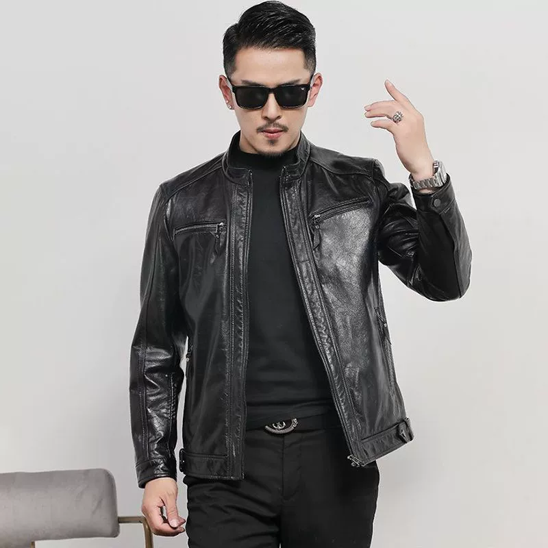 Autumn leather jacket for leisure, genuine leather, cowhide, slim fit
