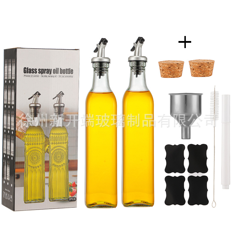 Botella de aceite de vidrio Amazon 500ml dispensador de olla de aceite de oliva verde oscuro Juego de botella de vinagre transfronterizo
