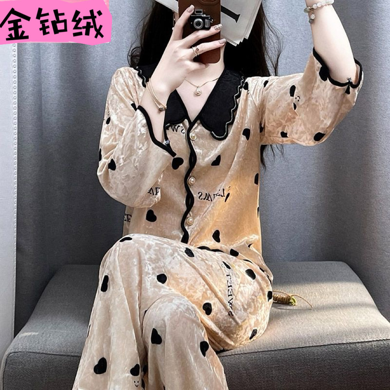 Diamond Velvet Pajamas Women's Autumn and Winter Long-sleeved Home Clothes suit High-grade Sweet French 2024 New Doll Collar