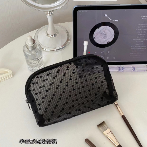 Black Heart Flocked Mesh Makeup Bag Storage Bag Multifunctional Portable Large Capacity Breathable Spring Summer Travel Bag