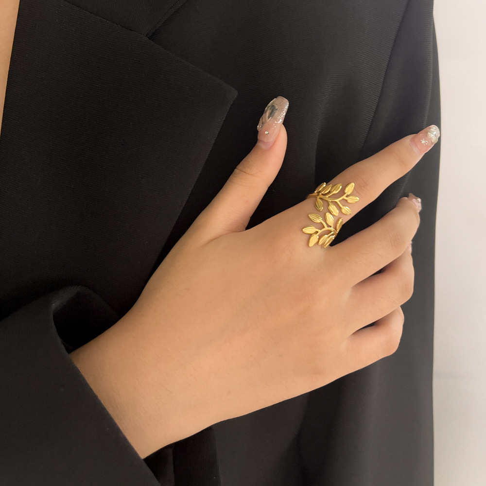 New Leaf Ring Titanium Steel Open Ring Niche Personality Women's Index Finger Ring Hot Simple Branch Jewelry