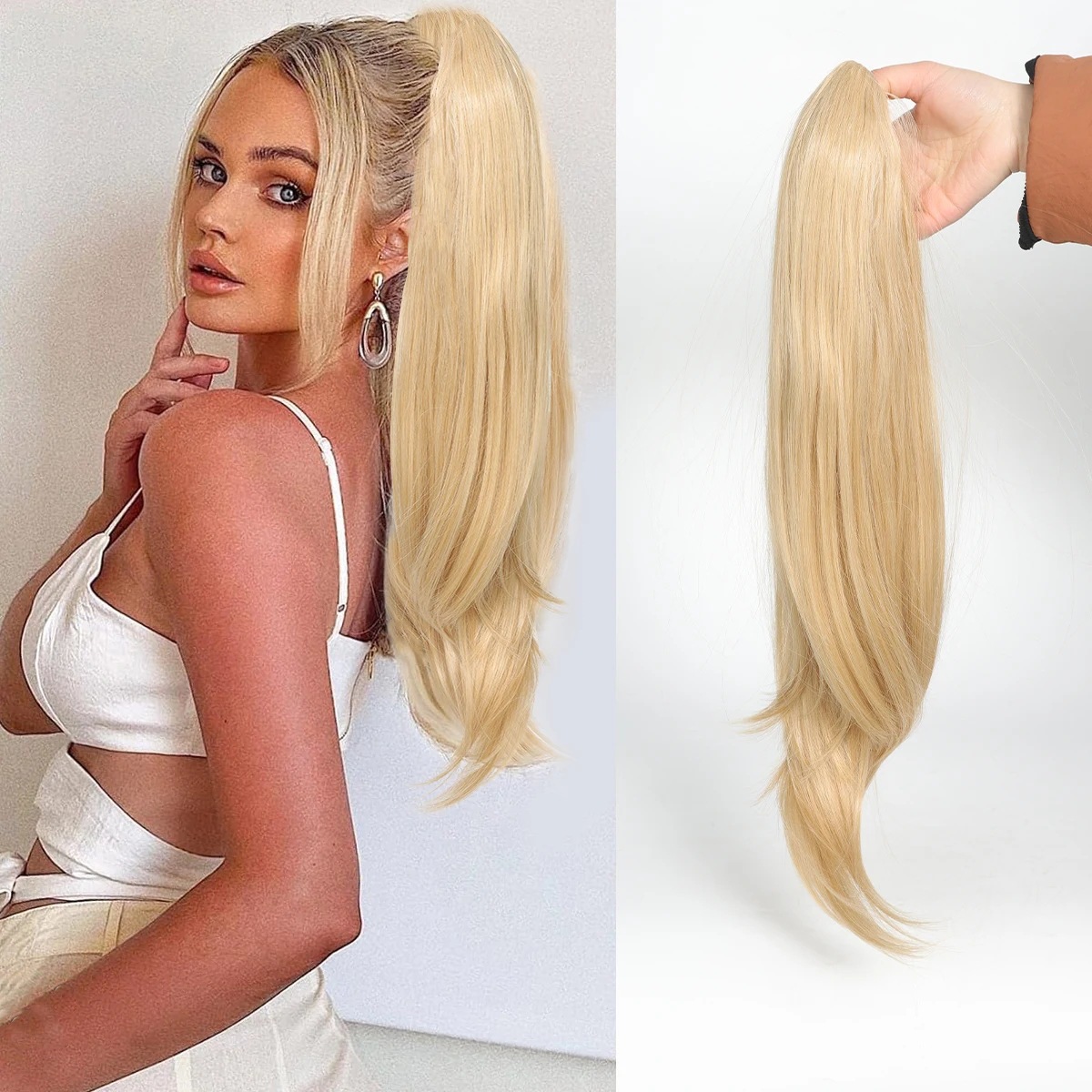 Petite perruque micro-bouclée mi-longue à clip, queue de cheval haute, extensions de cheveux naturels sans couture, augmente le volume des cheveux, 61 cm, 140 g_voghion.com
